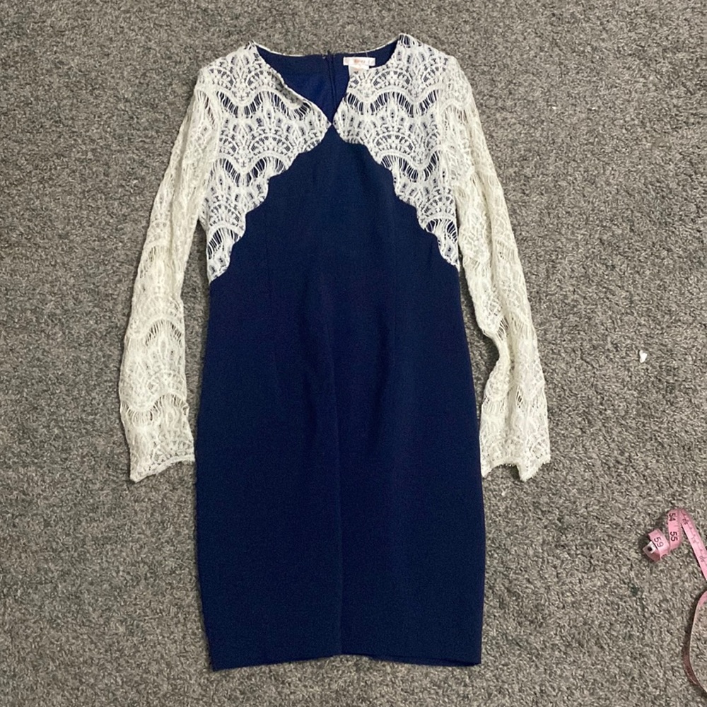 Navy dress with lace sleeves